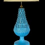 1.05 m pineapple lamp in turquoise ceramic on a gilded wooden base from the 1950s