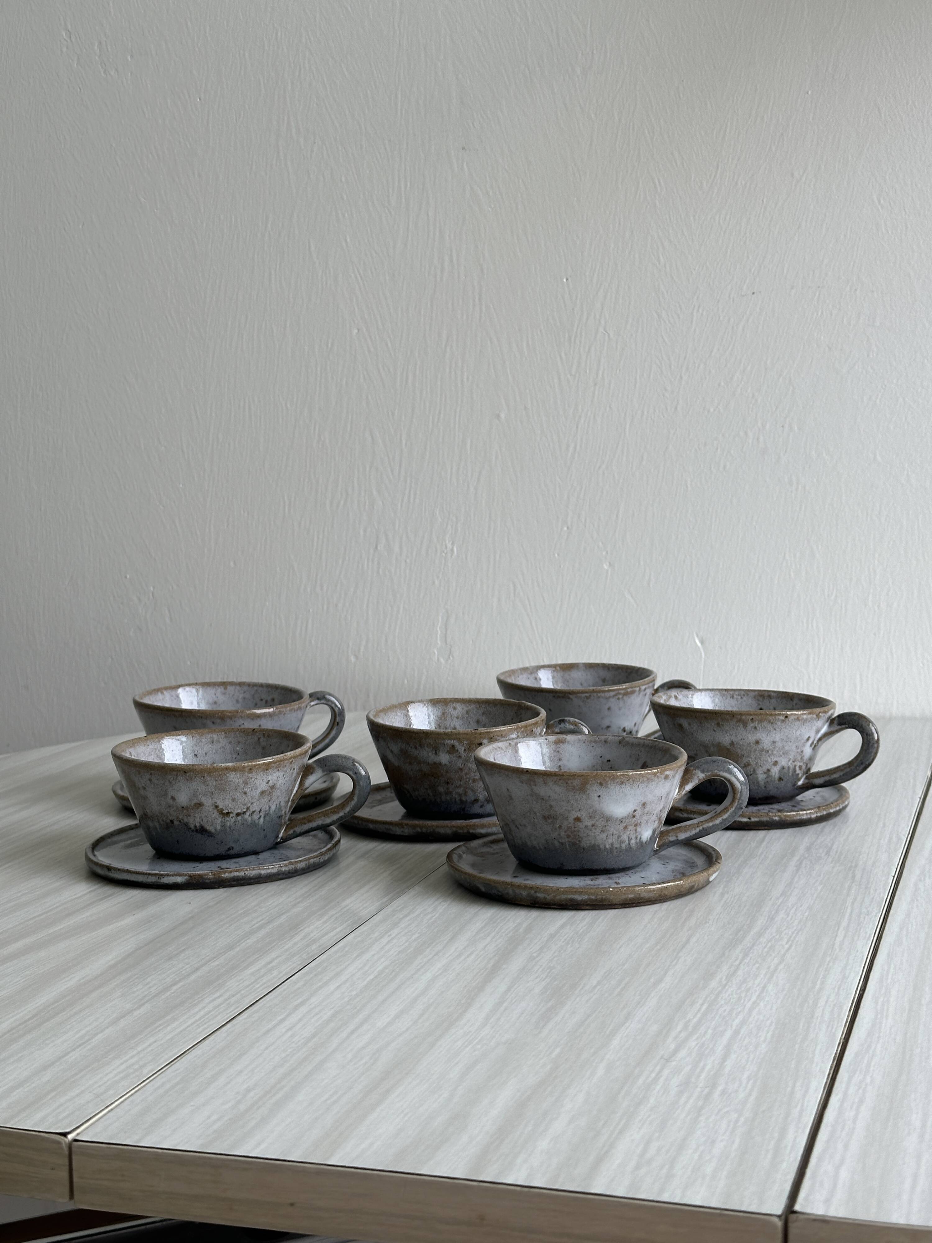 Handmade stoneware coffee set, 6 cups, saucers and sugar bowl, natural tones