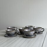 Handmade stoneware coffee set, 6 cups, saucers and sugar bowl, natural tones