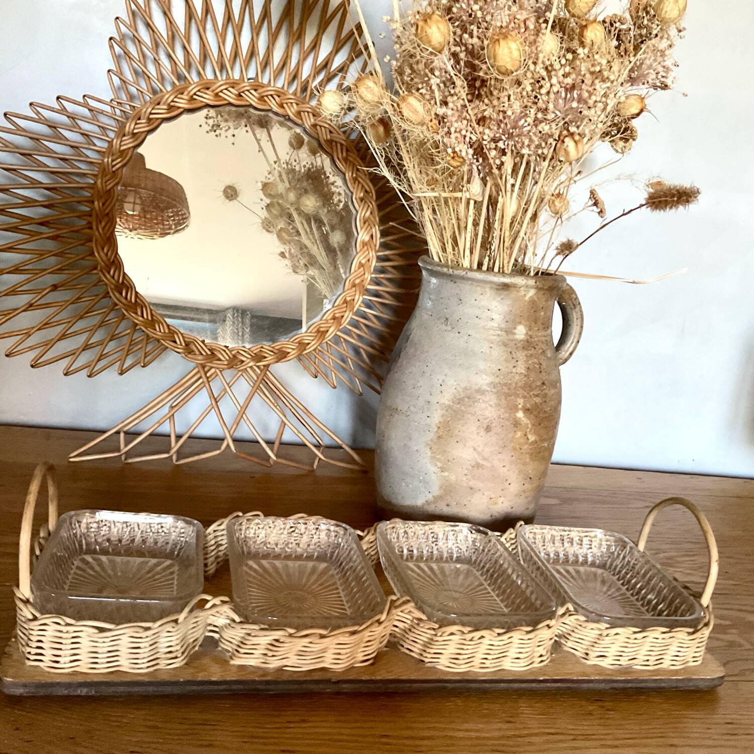 Vintage wicker and wood serving tray