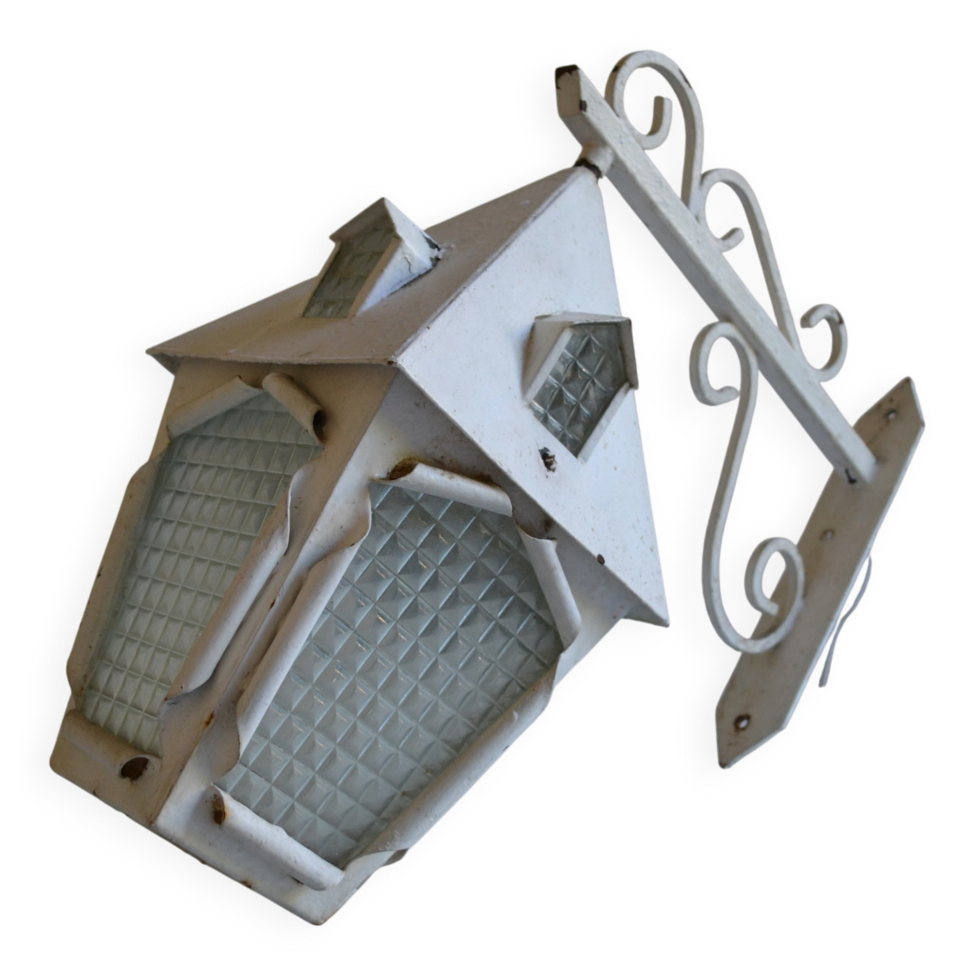Vintage 1950 wall lamp lantern in wrought iron and glass