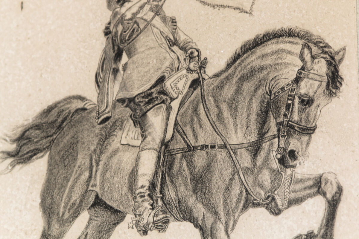 Drawing with lead mine, rider, signed
