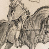 Drawing with lead mine, rider, signed