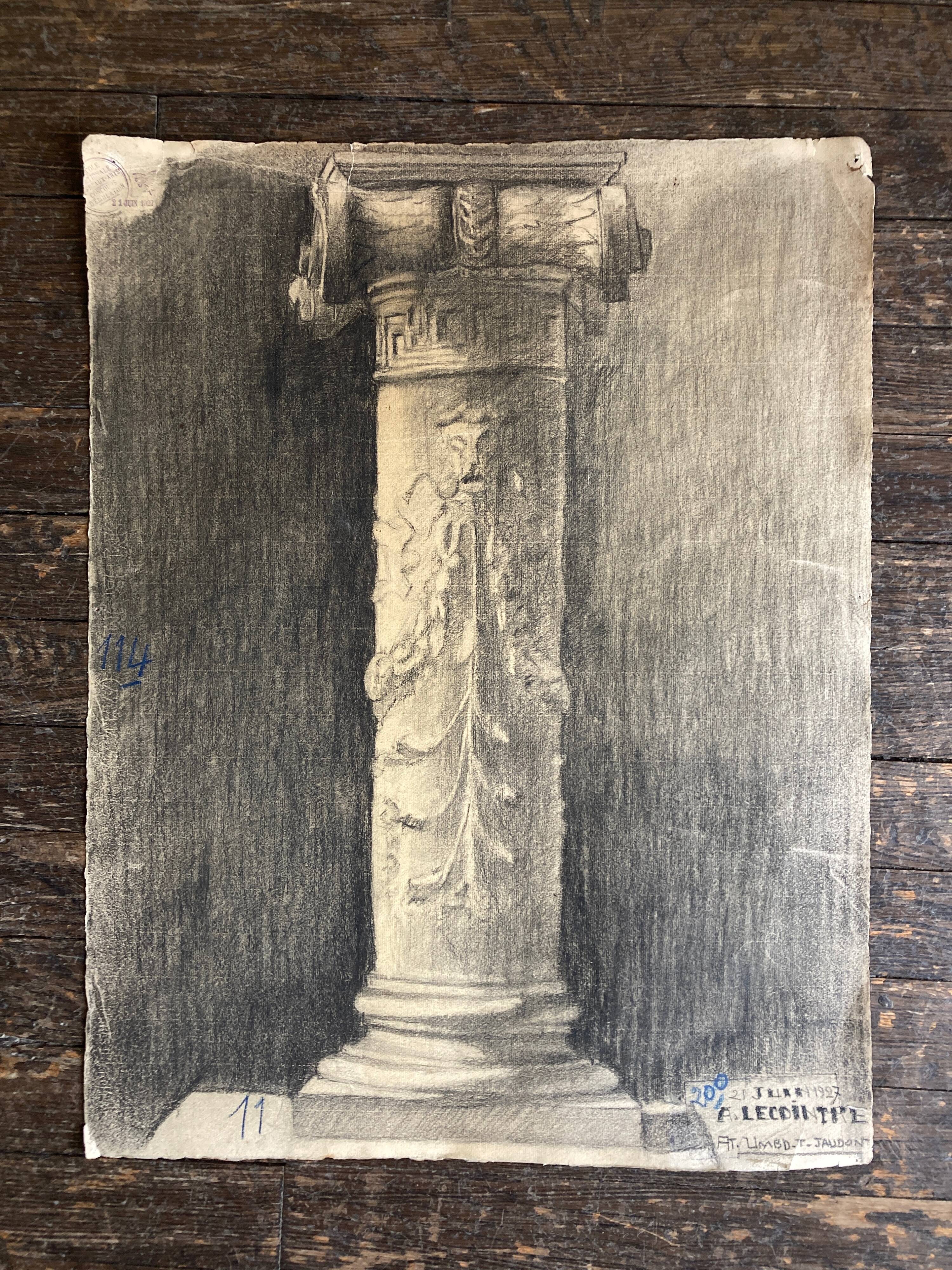 Neoclassical study charcoal plaster column atelier des beaux arts 1927