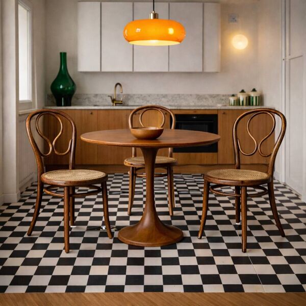 Trio de chaises bistrot anciennes en bois courbé – Assise cannée – Dépareil