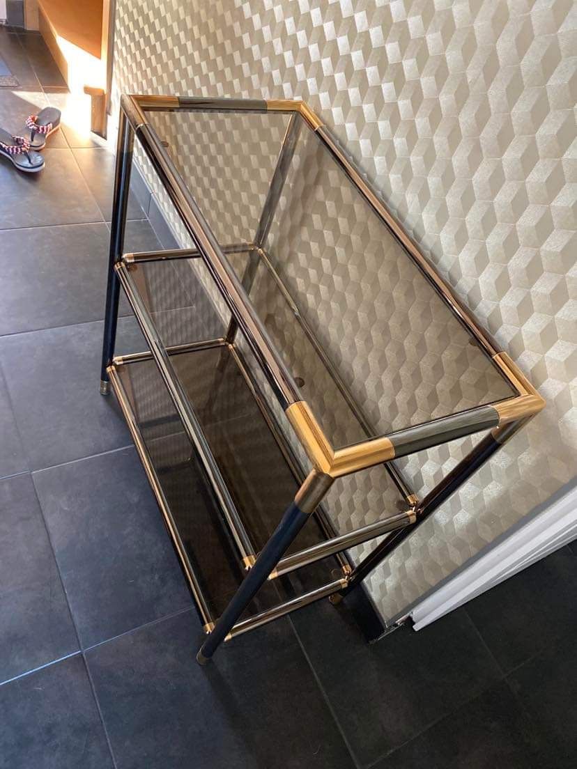 Vintage Italian design console in brass and smoked glass