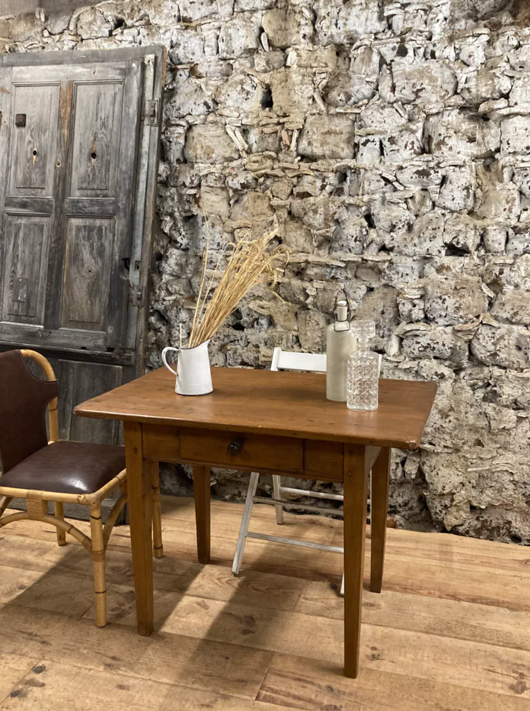 Rectangular wooden farmhouse table or rustic desk with antique drawer