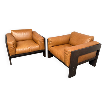Pair of Bastiano armchairs, ash wood, cognac leather, by Afra & Tobia Scarpa, Italy, 2000s