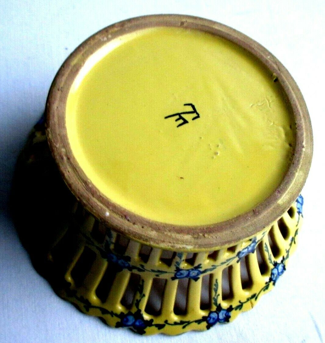 Malicorne cup, yellow enamel and blue flowers signed TE Emile Tessier