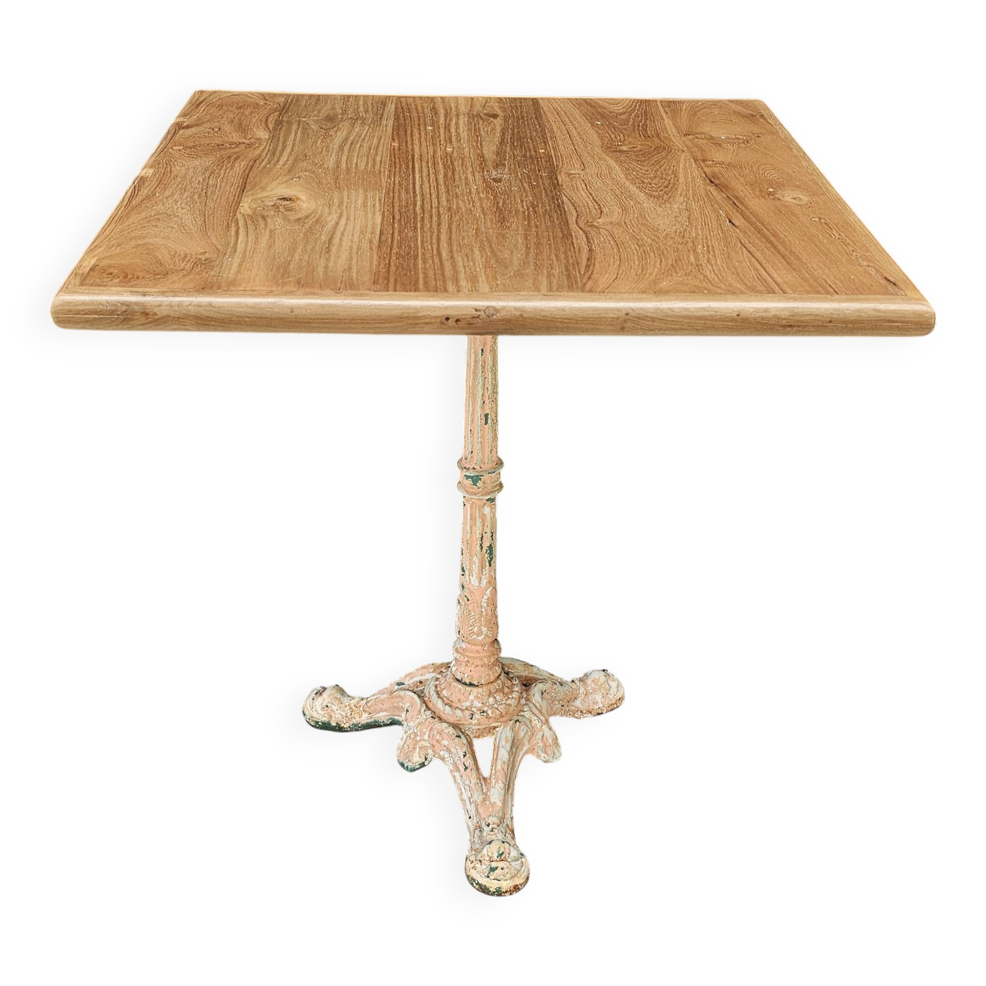 Bistro table with cast iron base and solid teak top