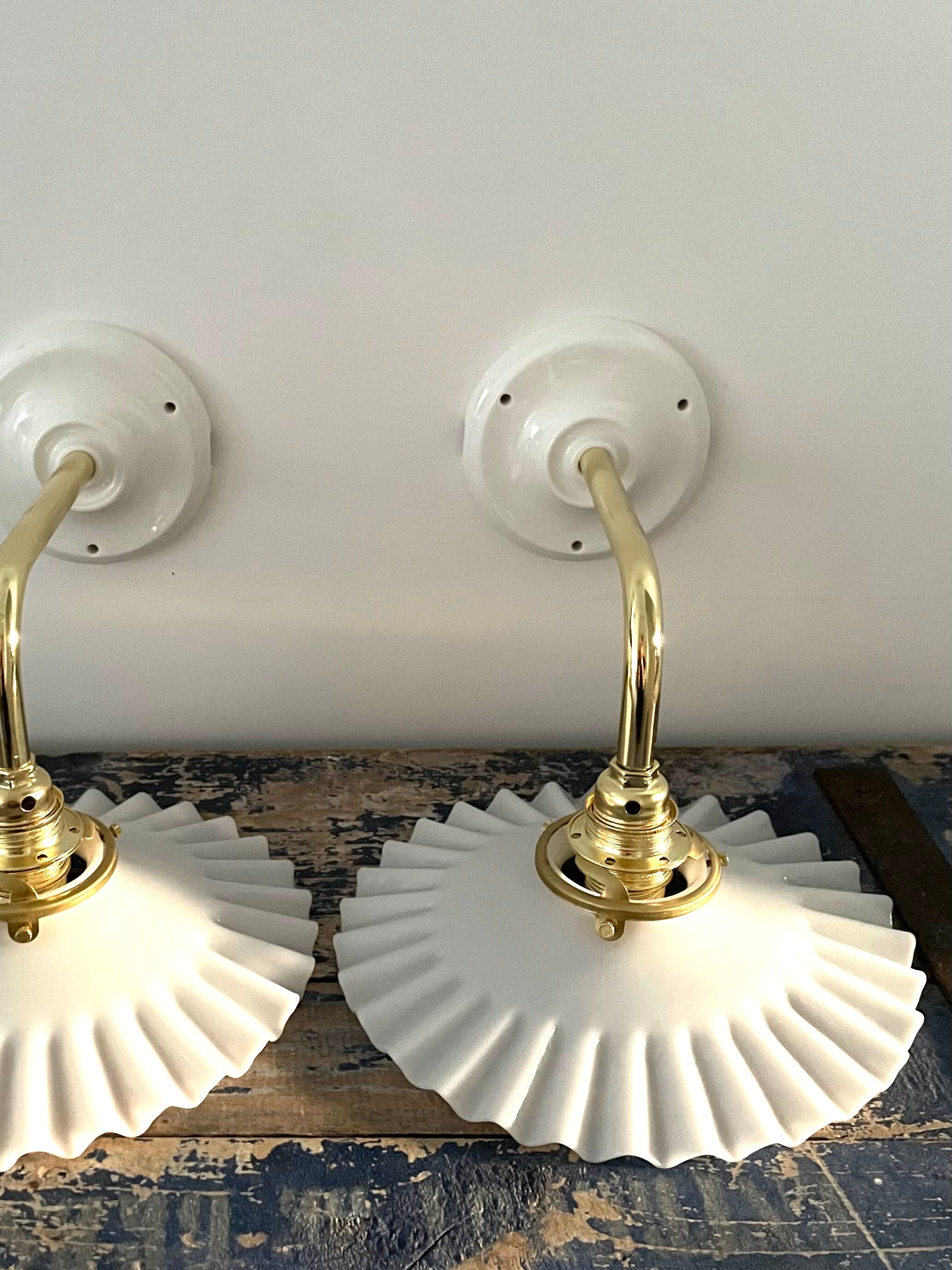 Set of two vintage white opaline wall lamps electrified to nine