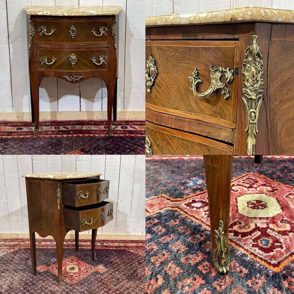 Commode Louis XV fin XIXème en chêne, bois de rose et dessus marbre