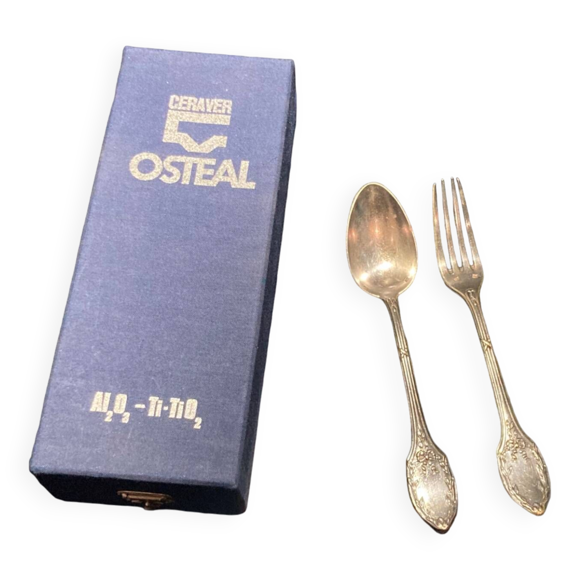 Fork and soup spoon in silver metal in their box from the brand "CERAVER OSTEAL"