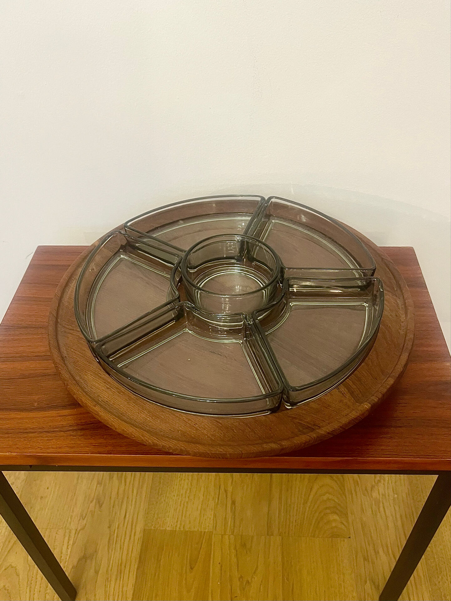 Digsmed vintage teak plateau – rotating Lazy Susan with 6 ramekins – of