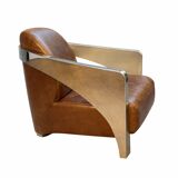 Set of 3 Stacyville items, leather and stainless steel, 2 armchairs and a sofa.