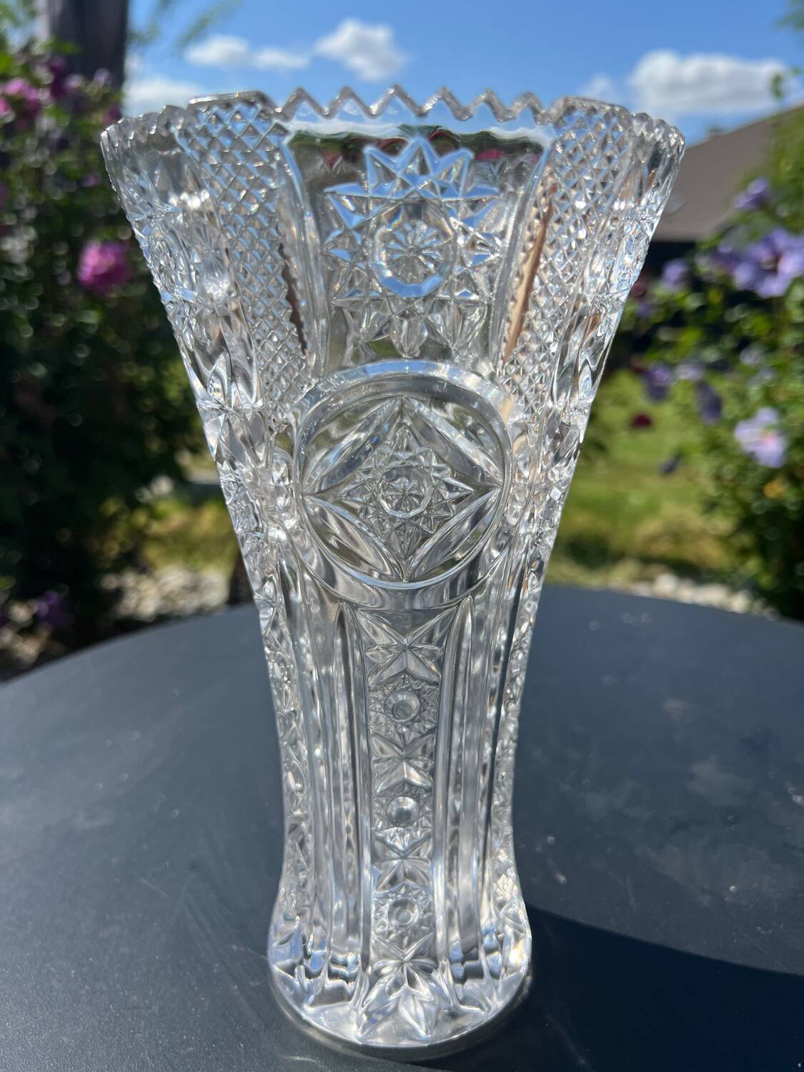 Large engraved and cut crystal vase