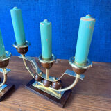 Pair of Art Deco candlesticks in brass and varnished wood, 1930s/1940s