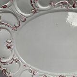 Large oval dish, cream ironstone with embossed patterns and burgundy color