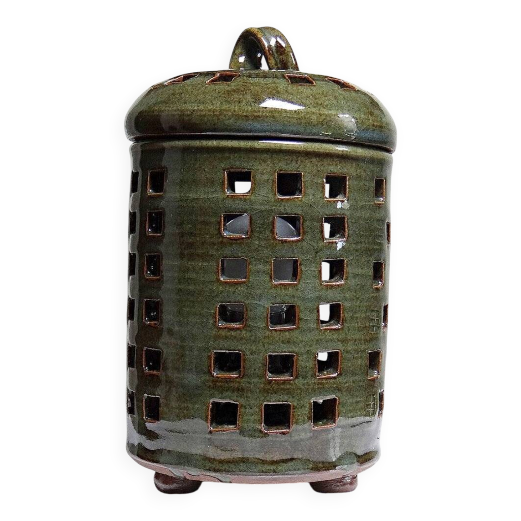 Vintage table lamp, glazed stoneware, perforated "Building" signed.