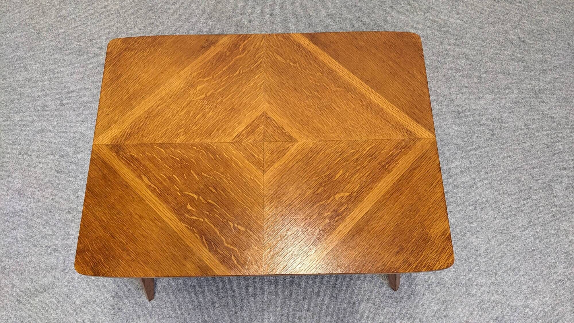 Modernist coffee or side table in oak marquetry, France 1960.
