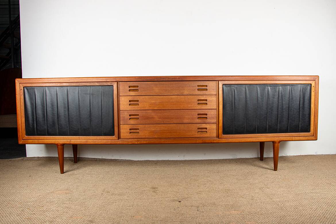 Extra long Danish sideboard, teak, oak, leatherette, 280 cm, Arne Hovmand-Olsen