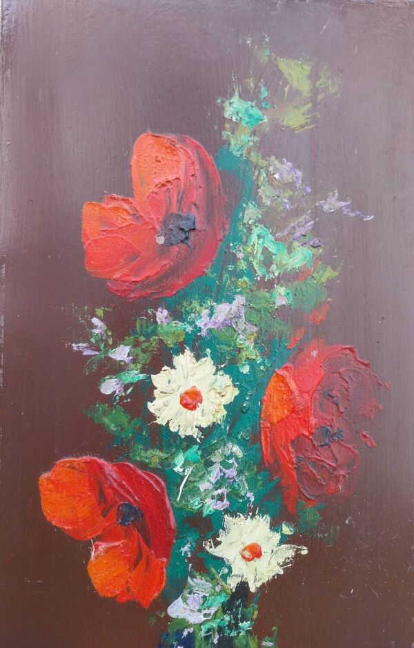 Huile sur paneau au bouquet de fleurs