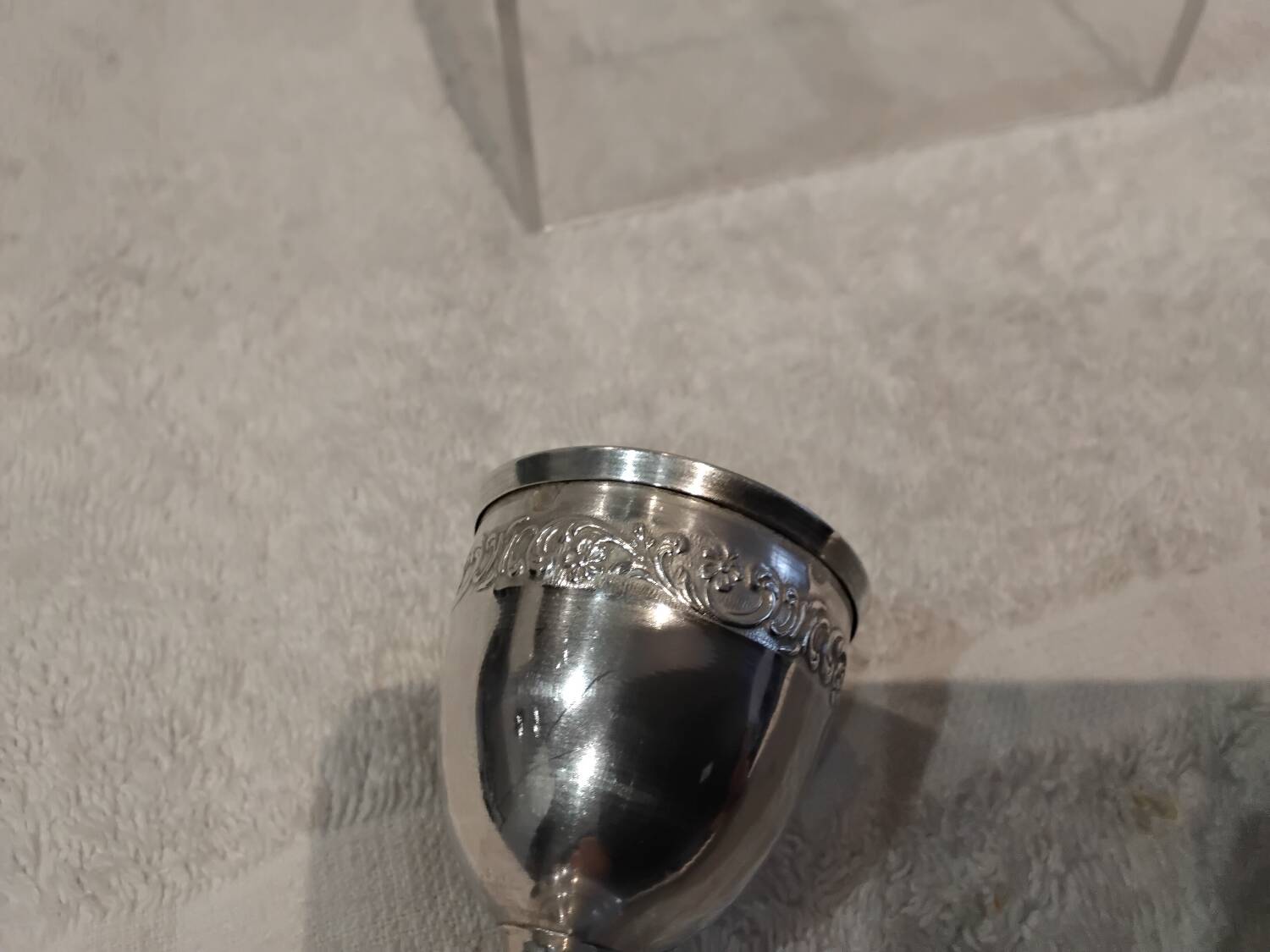 Silver egg cup Minerva 950 rocaille style engraved TL? Silversmith Gruyer