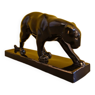 French Art Deco Ceramic Statue Of A Panther Signed Jean, 1930s