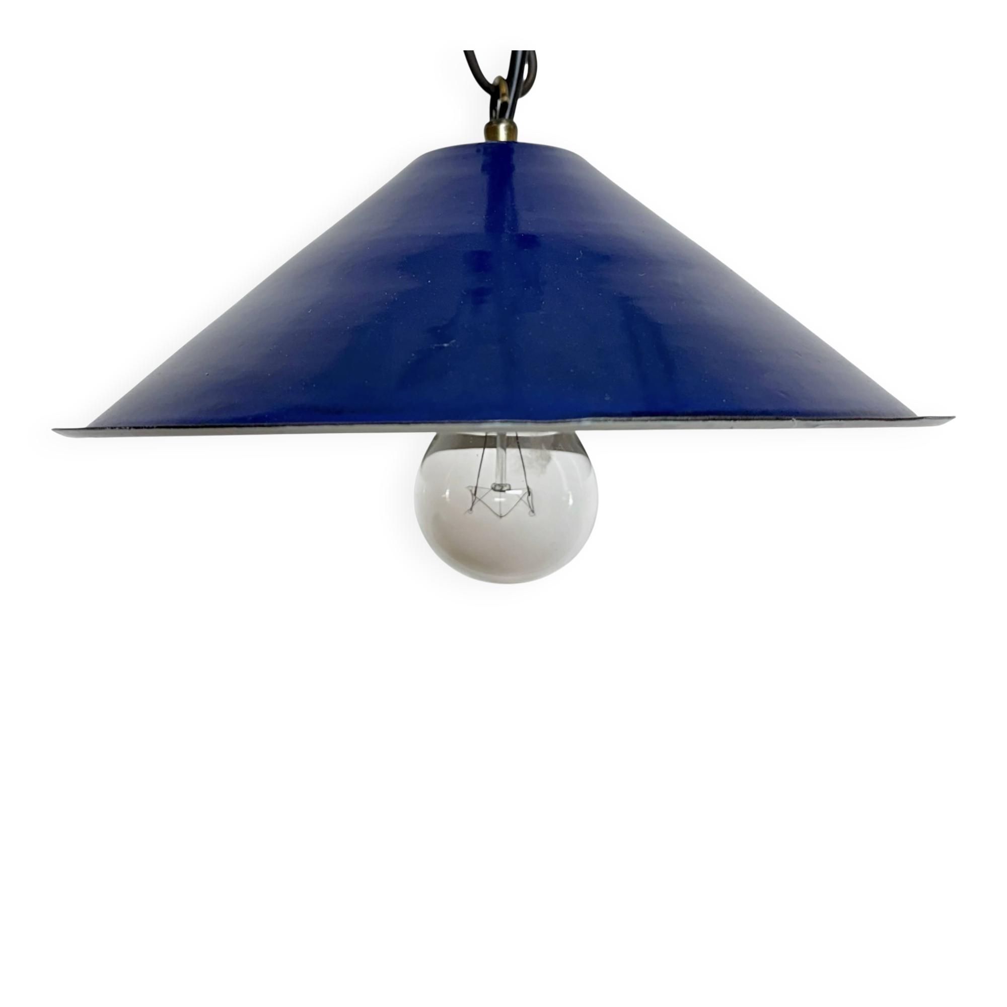Lampe suspendue industrielle en émail bleu britannique, années 1950