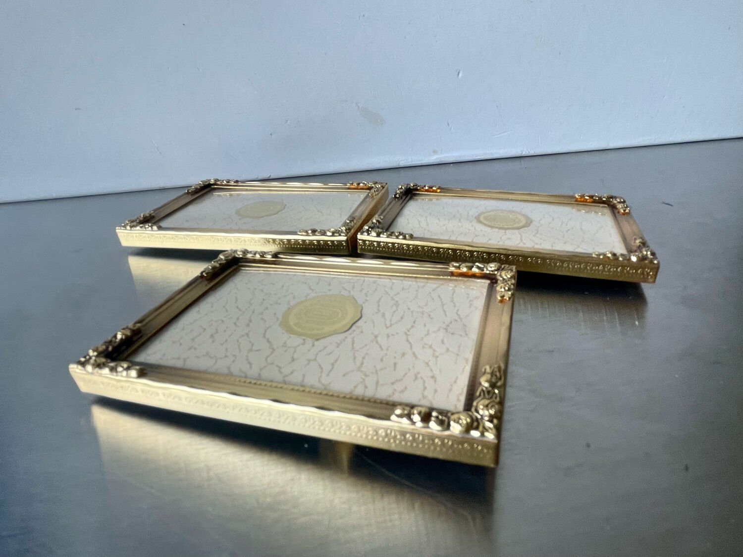 Set of 3 vintage identical gold colored metal picture frames convex glass