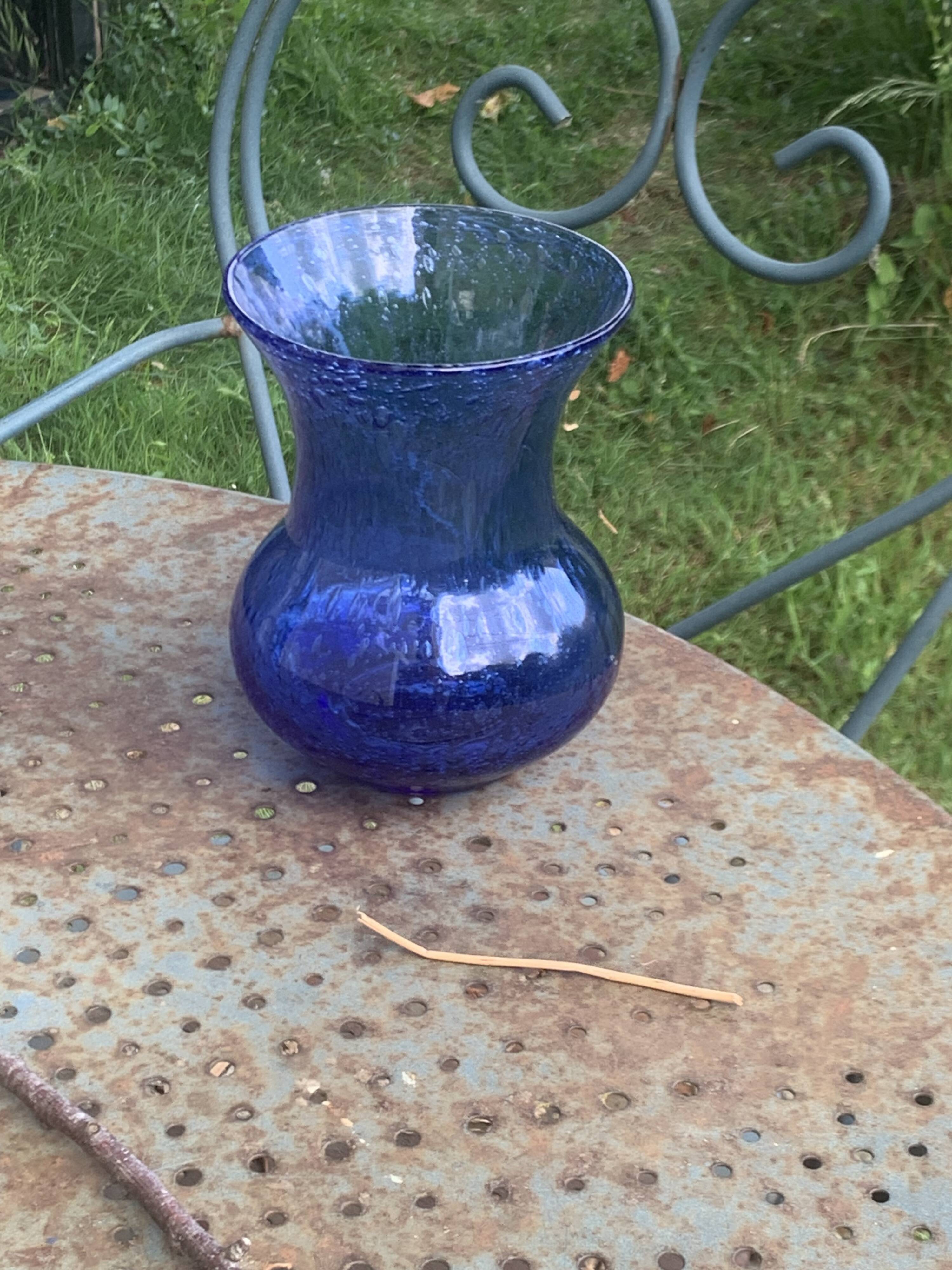 Roman vase in Persian blue blown glass, vintage Biot glassware