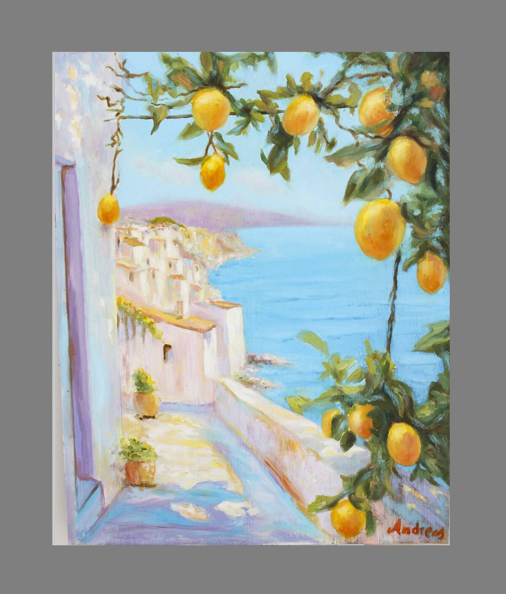 Oil painting of a view of the sea.