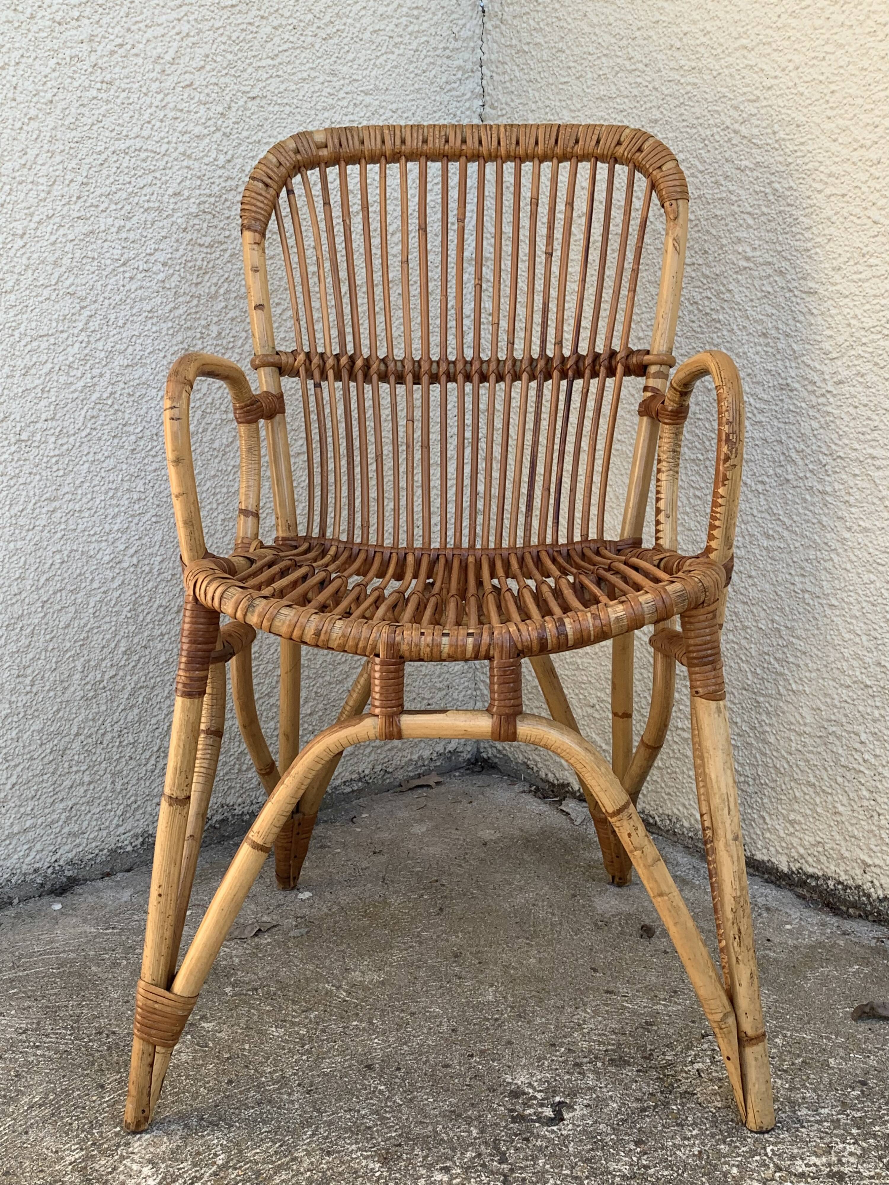 Chair and armchair in vintage rattan 1950