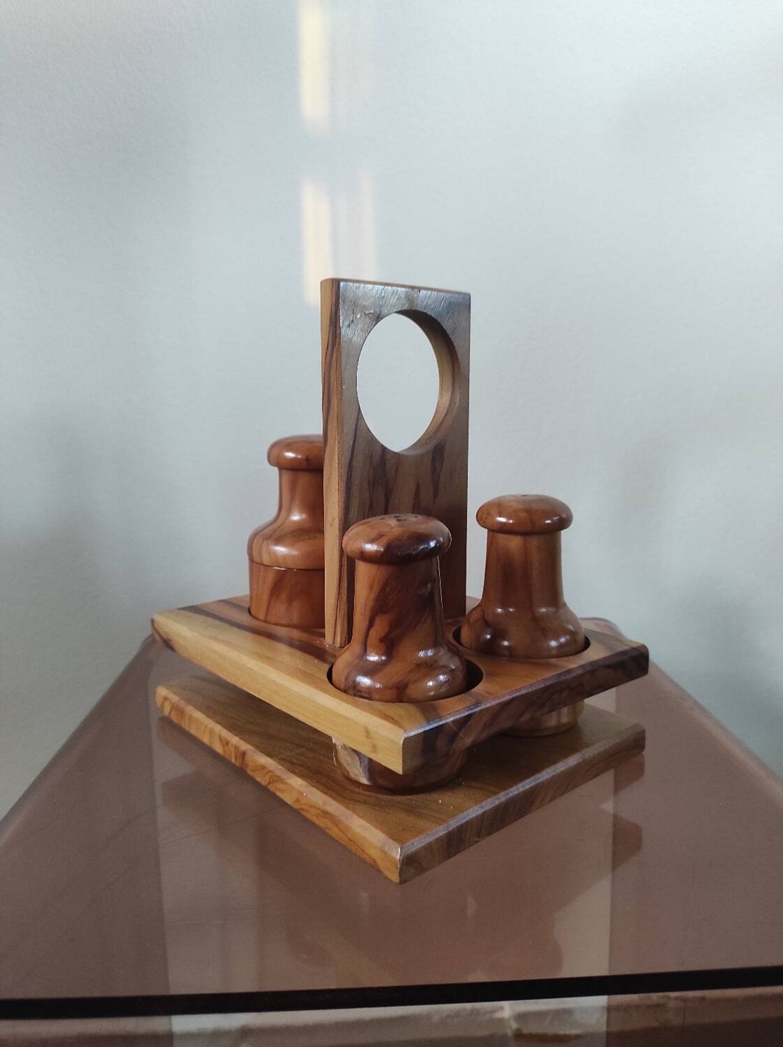 Vintage olive wood condiment service