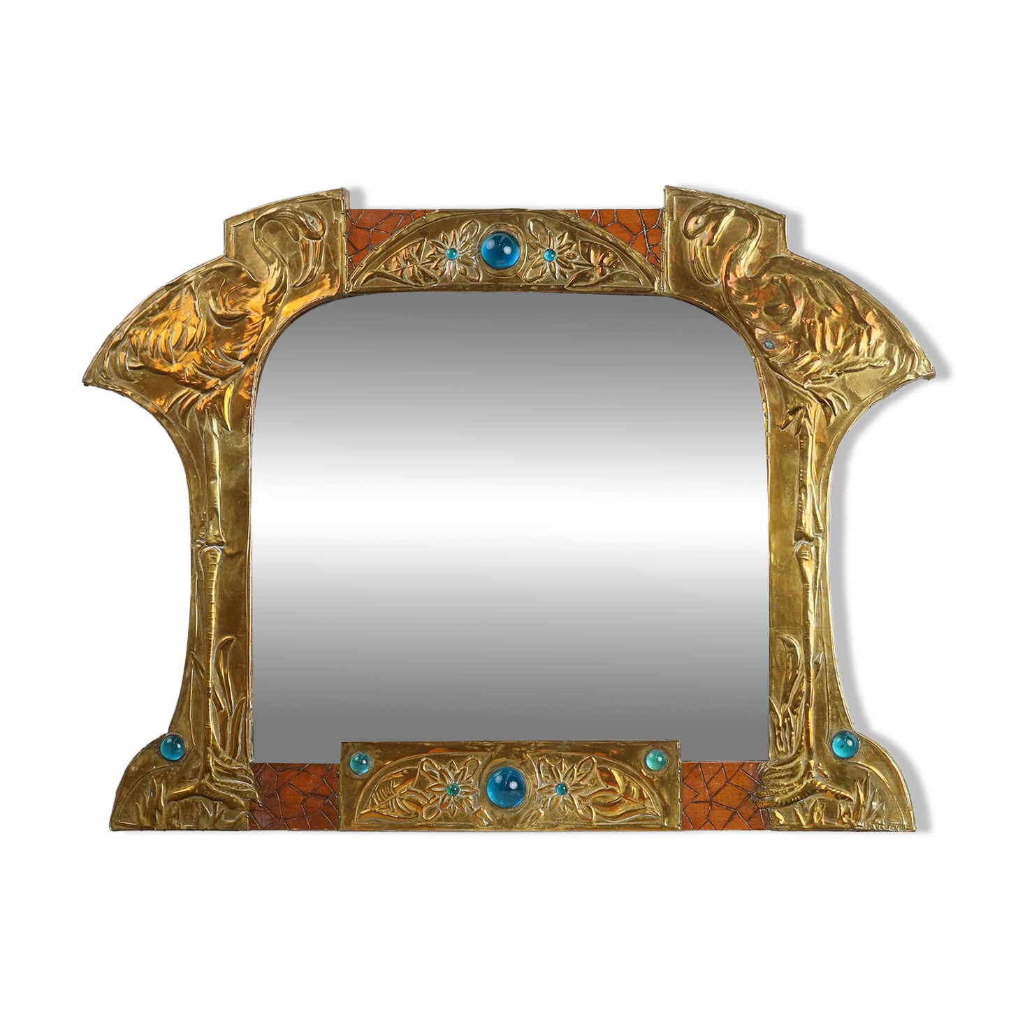 Art Nouveau Mirror in Brass and Glass Inlay, Signed A.H. Villaket, France