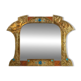 Art Nouveau Mirror in Brass and Glass Inlay, Signed A.H. Villaket, France