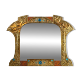 Miroir Art Nouveau en laiton et incrustation de verre, signé A.H. Villaket, France