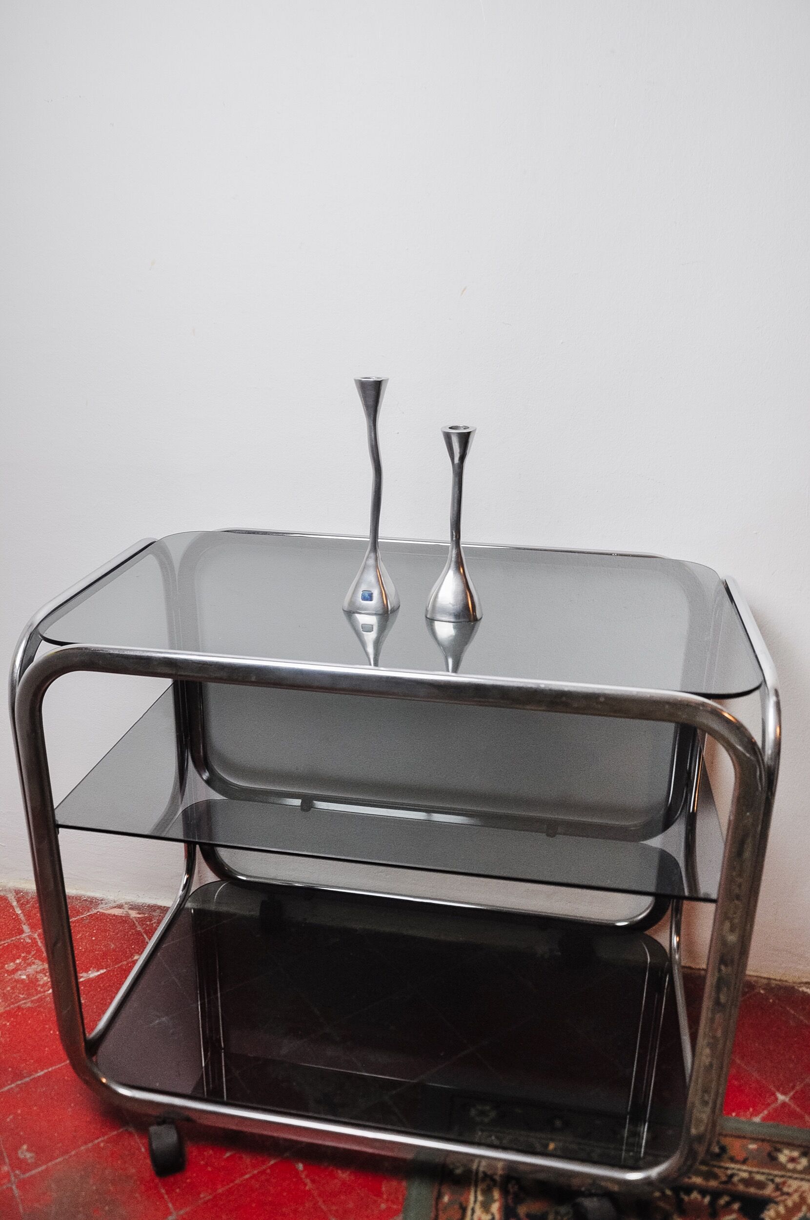 Pair of zigzag candle holders, solid aluminum and polished stone, art3, Spain, 1970