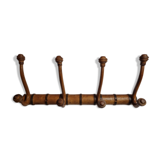 Old wooden coat rack imitating bamboo, four hooks, 1900