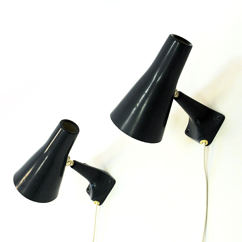 Blue metal cone shaped wall sconces pair by Asea - Sweden 1950s