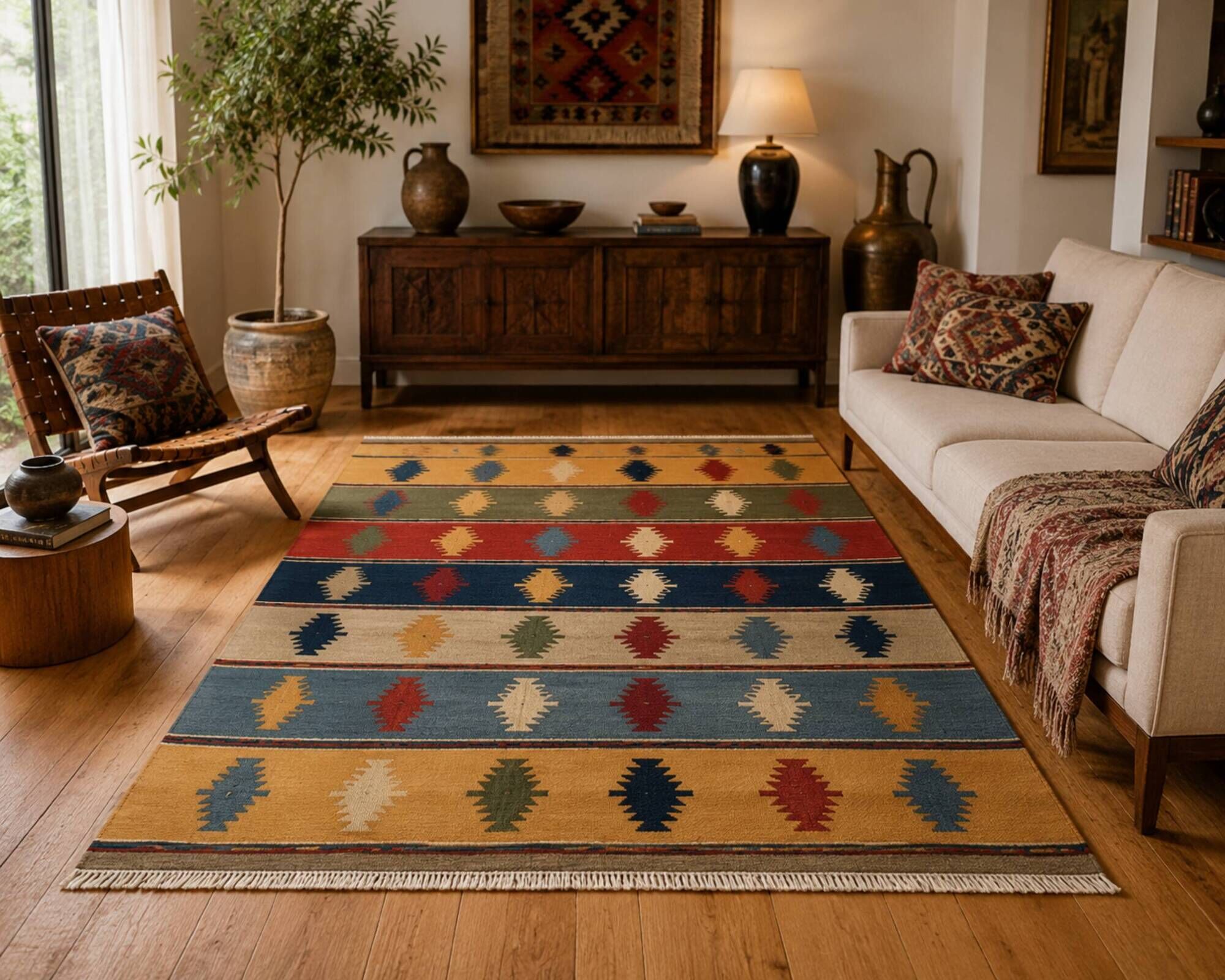 Vintage Qashqai Striped Wool Kilim Rug, Large Multicolor Flatweave Carpet