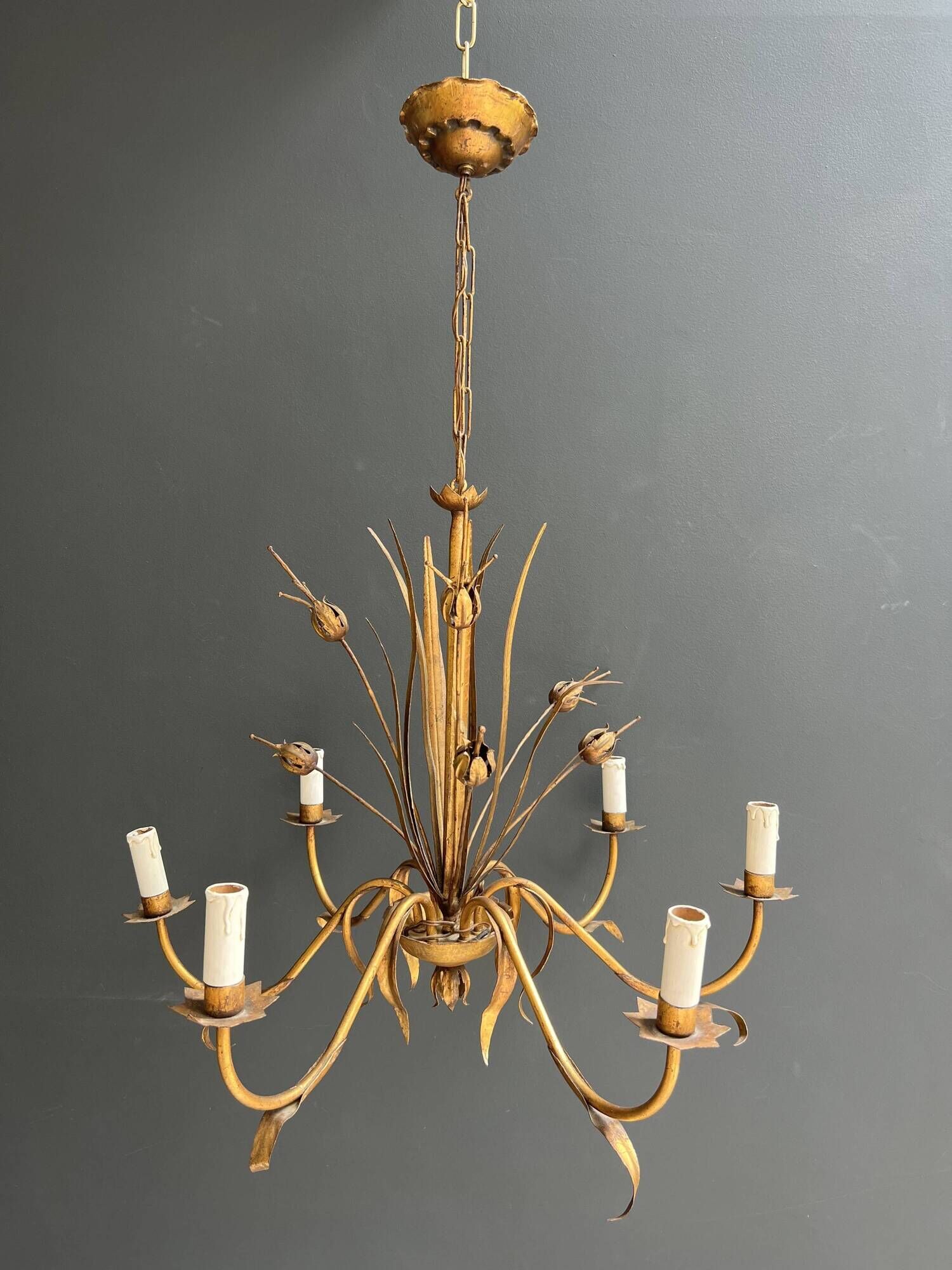 Golden Metal Chandelier with Reed Bouquet Decoration. Coco Chanel Style. Work