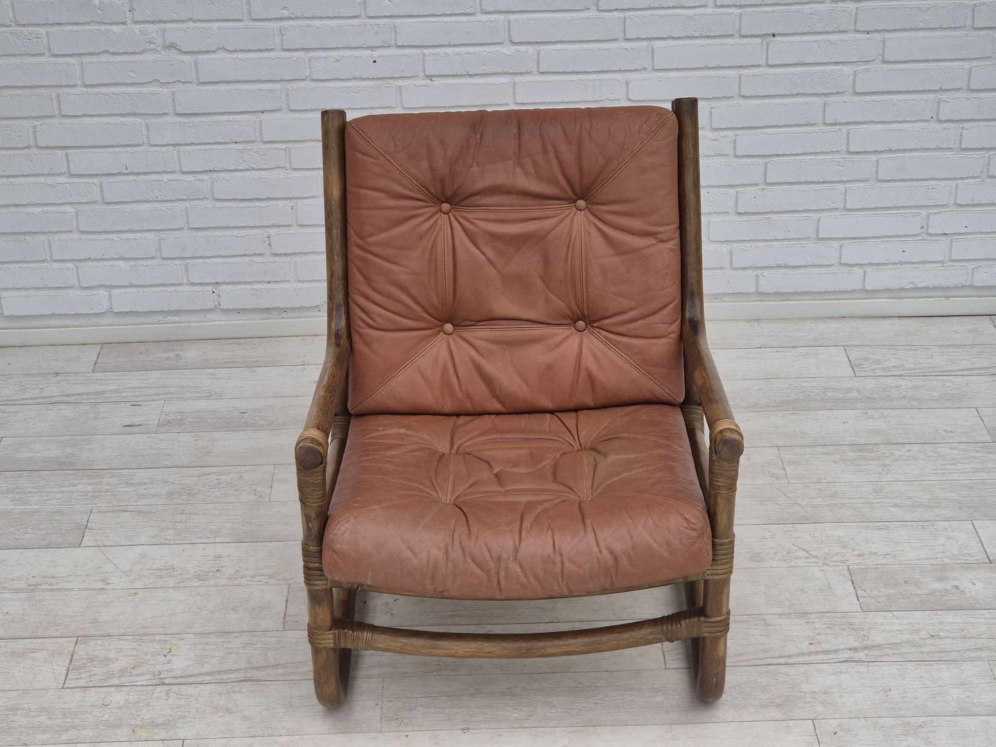 1970s, Scandinavian armchair, original very good condition, bamboo, leather.