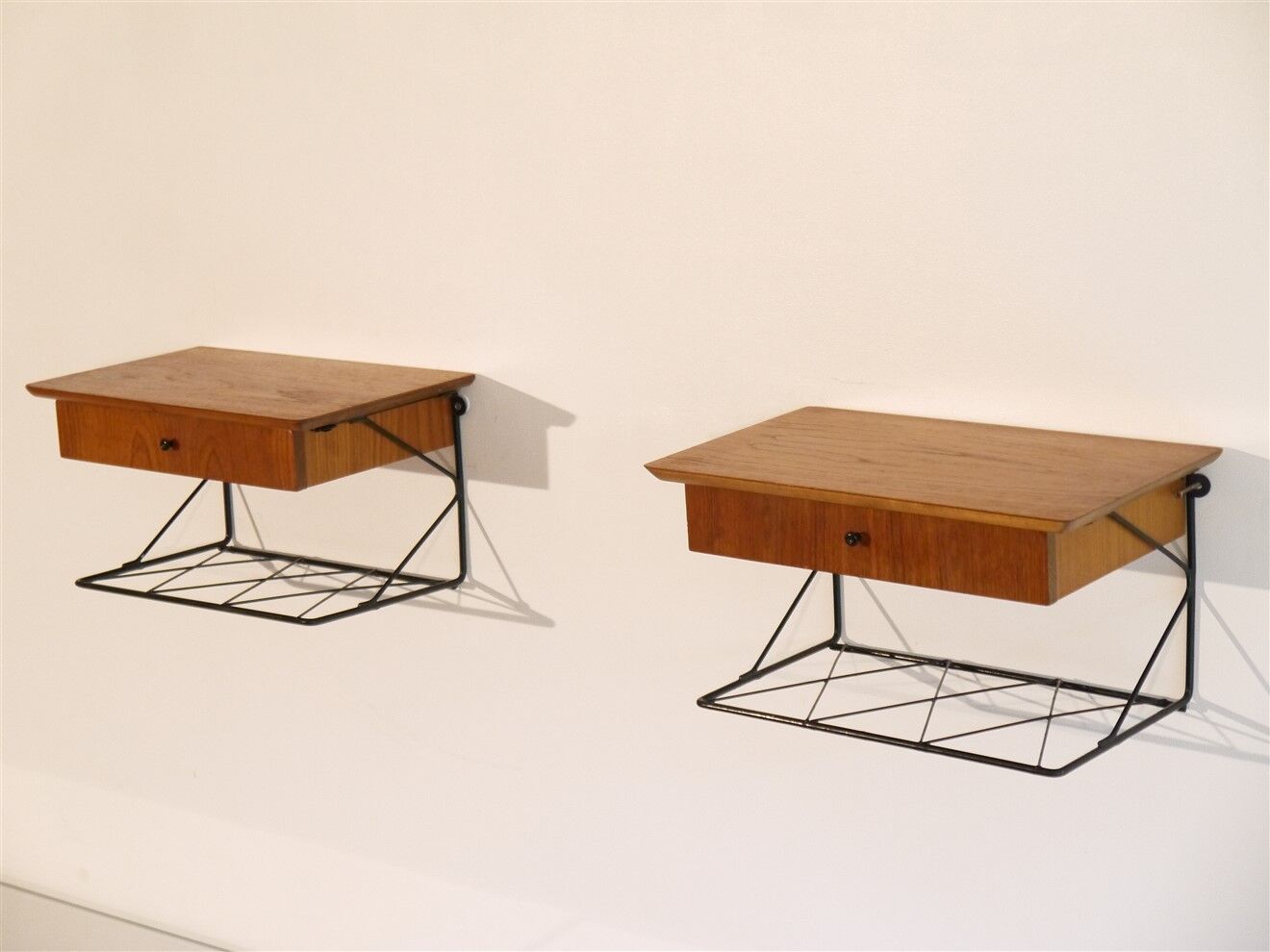 Pair of Scandinavian wall bedside tables in teak 1960