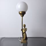 "Woman with the Bow" lamp, Laiton and Opaline, France, midcentury