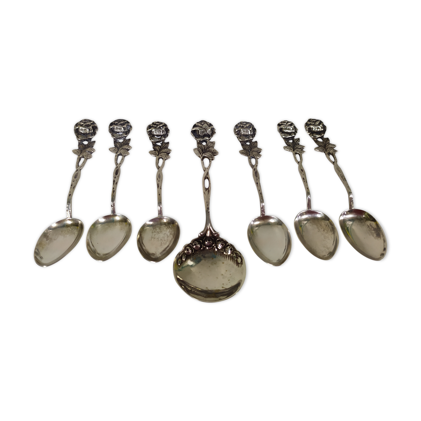 Lot de 6 cuilleres a moka cafe et 1 cuillère à sucre argent massif 800 - art déco rose