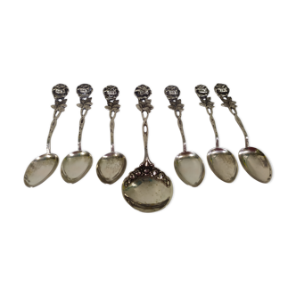 Set of 6 spoonfuls a moka cafe and 1 sugarspoon solid silver 800 - art deco rose