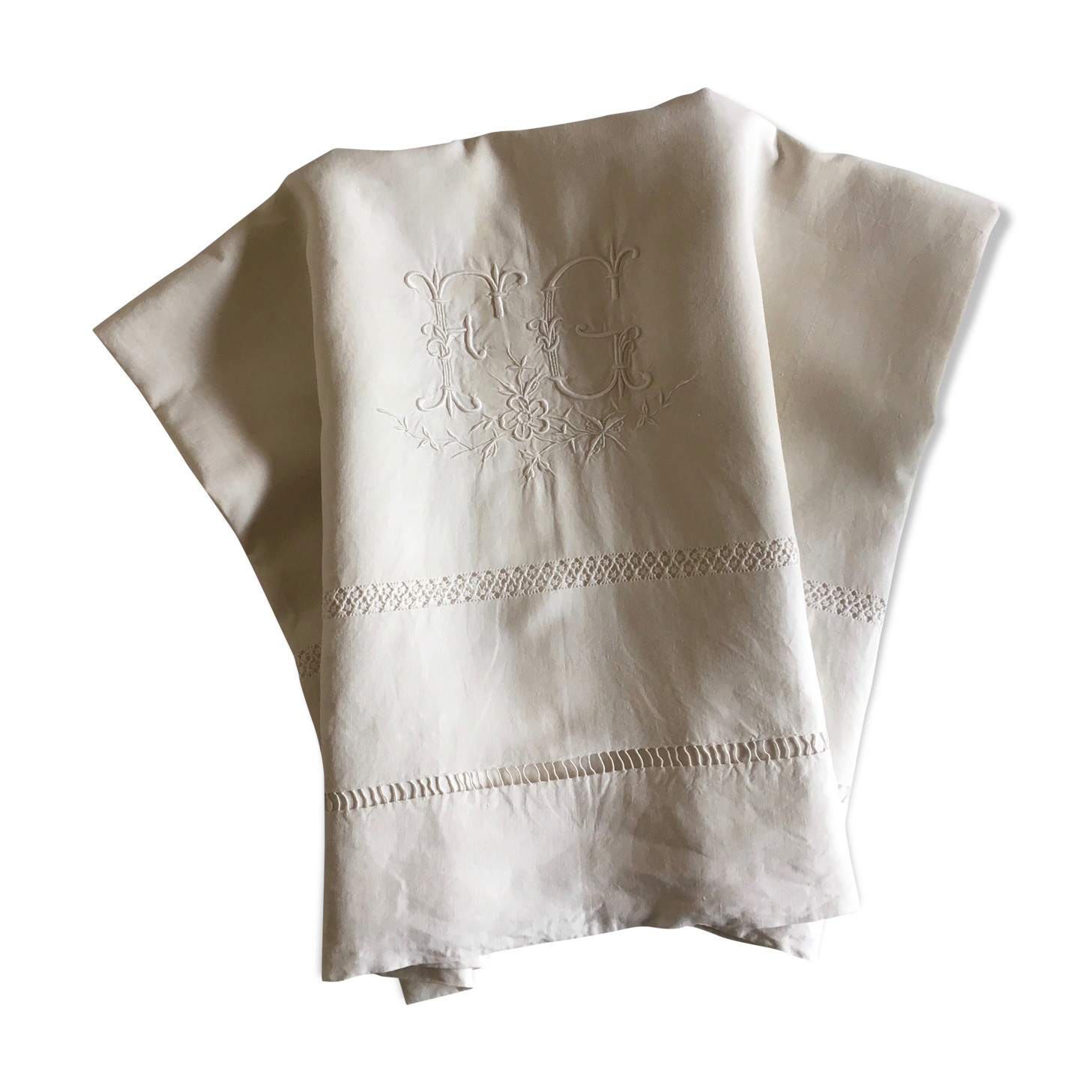 Old original FG Monogram embroidered linen canvas sheet early 20th