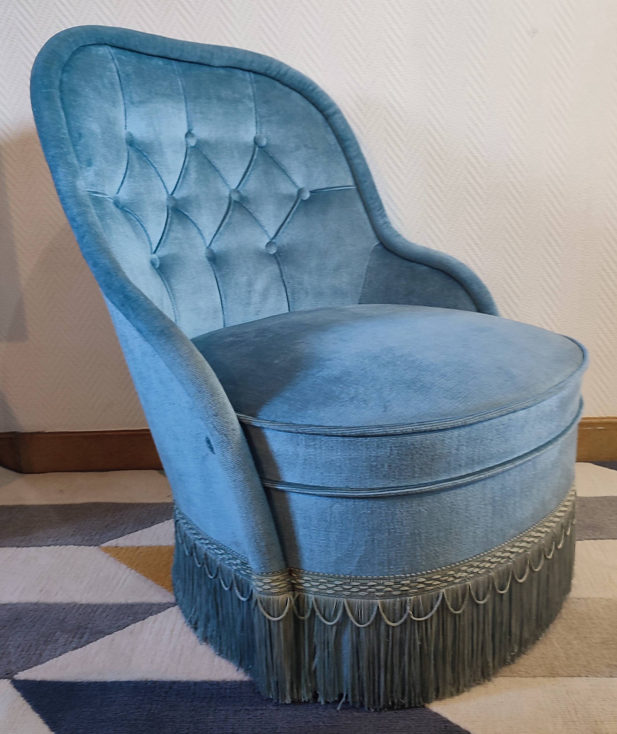 Pair of Crapaud armchairs and a vintage blue velvet pouf