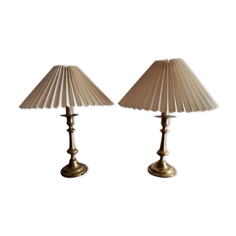 Pair of bronze bedside lamps with pleated lampshade